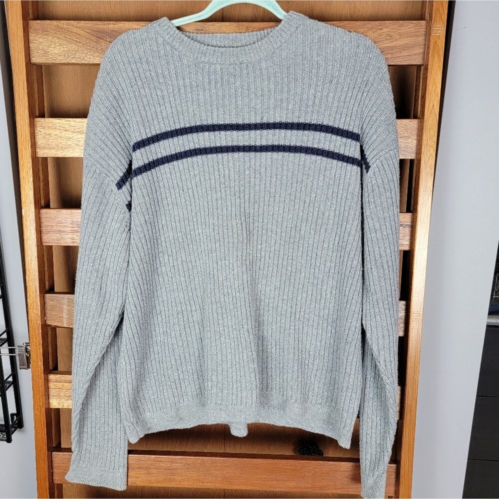 American Outpost Grey & Navy Striped Ribbed Crew, Sz XL